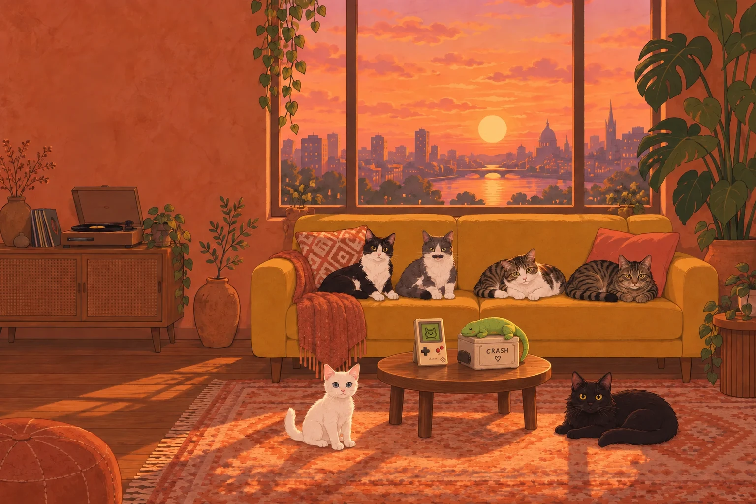 Una sala ilustrada al atardecer con seis gatos: blanco y negro, gris y blanco con bigote oscuro, atigrado con blanco, café atigrado, blanco y negro sólido. Frente al sillón, una mesa con una consola retro y la urna de Crash con una lagartija verde.